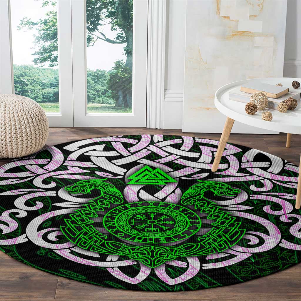 Vegvisir Round Carpet with Green Dragons and Norse Knots Viking Protection Tribute - Wonder Print Shop