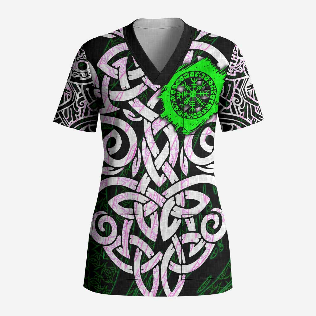 Vegvisir Scrub Top with Green Dragons and Norse Knots Viking Protection Tribute - Wonder Print Shop