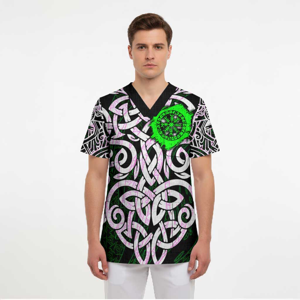 Vegvisir Scrub Top with Green Dragons and Norse Knots Viking Protection Tribute - Wonder Print Shop