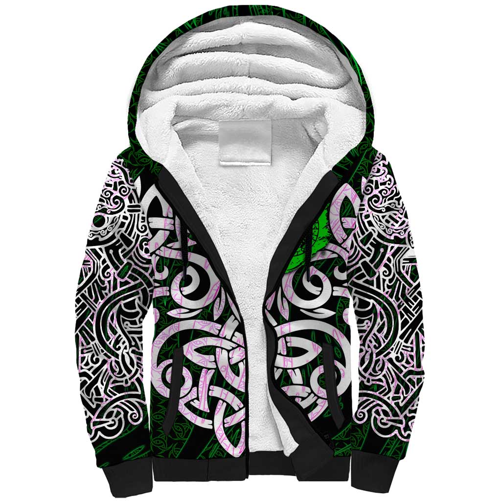 Vegvisir Sherpa Hoodie with Green Dragons and Norse Knots Viking Protection Tribute - Wonder Print Shop