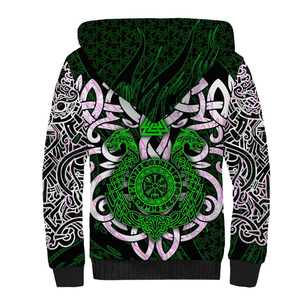 Vegvisir Sherpa Hoodie with Green Dragons and Norse Knots Viking Protection Tribute - Wonder Print Shop