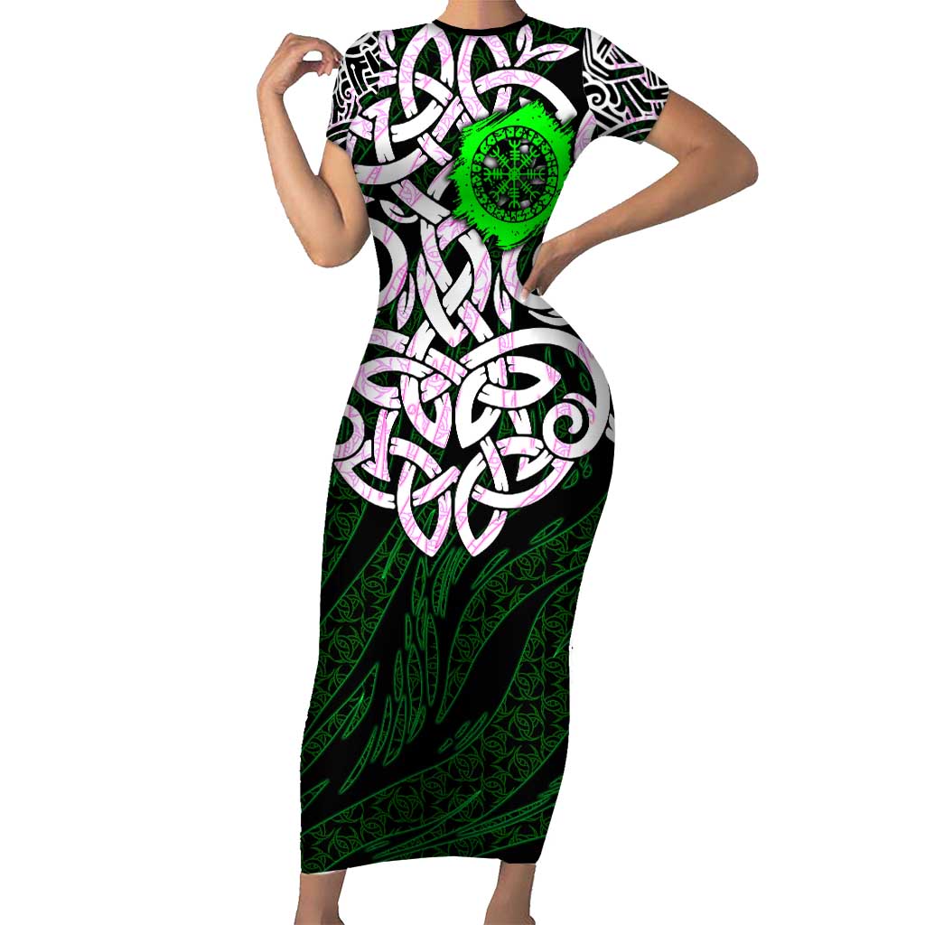 Vegvisir Short Sleeve Bodycon Dress with Green Dragons and Norse Knots Viking Protection Tribute - Wonder Print Shop