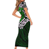 Vegvisir Short Sleeve Bodycon Dress with Green Dragons and Norse Knots Viking Protection Tribute - Wonder Print Shop