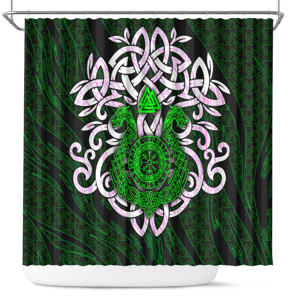 Vegvisir Shower Curtain with Green Dragons and Norse Knots Viking Protection Tribute - Wonder Print Shop