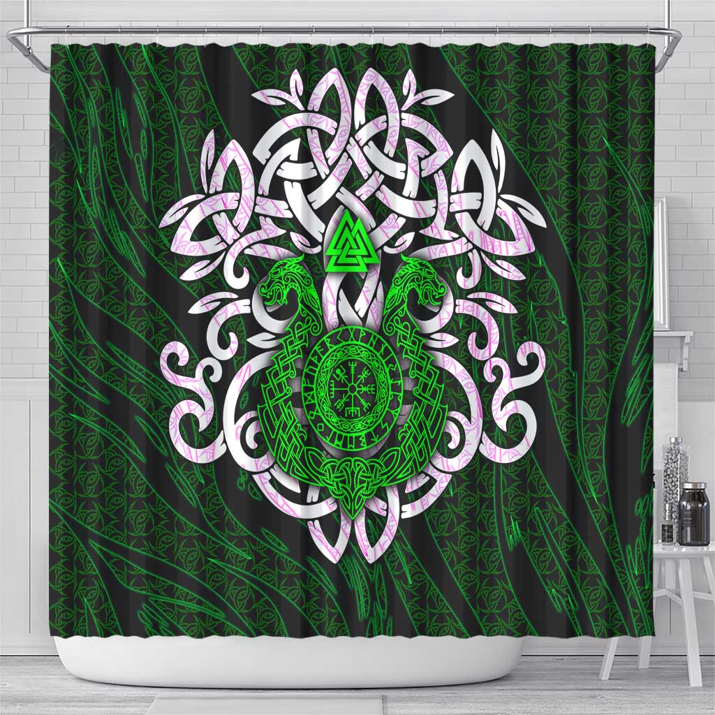 Vegvisir Shower Curtain with Green Dragons and Norse Knots Viking Protection Tribute - Wonder Print Shop