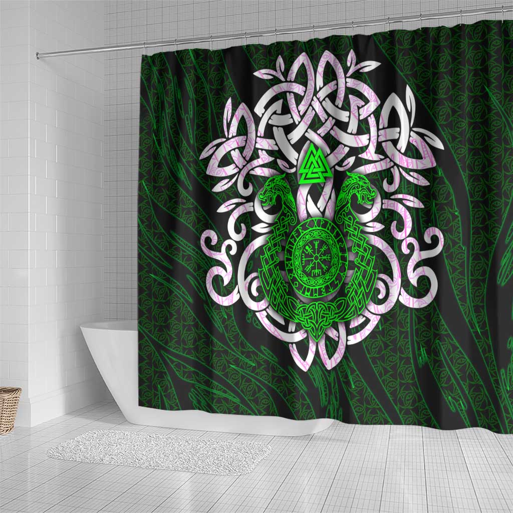 Vegvisir Shower Curtain with Green Dragons and Norse Knots Viking Protection Tribute - Wonder Print Shop