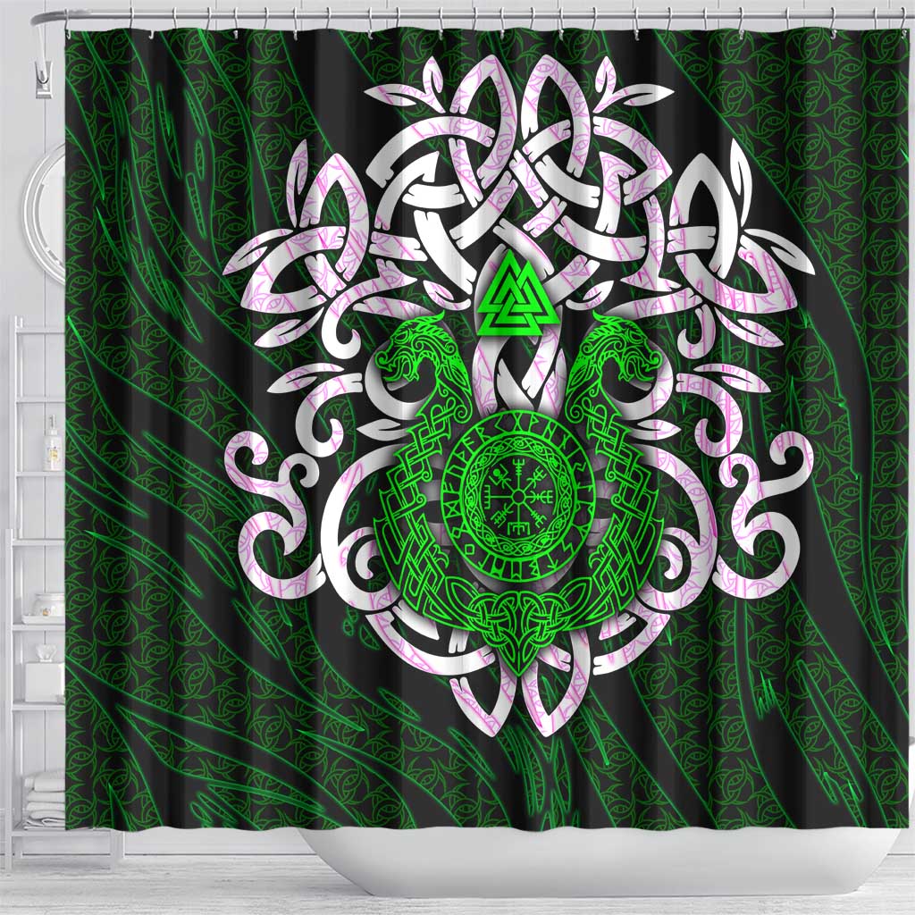 Vegvisir Shower Curtain with Green Dragons and Norse Knots Viking Protection Tribute - Wonder Print Shop
