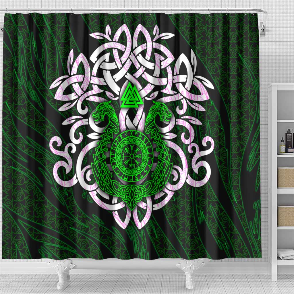 Vegvisir Shower Curtain with Green Dragons and Norse Knots Viking Protection Tribute - Wonder Print Shop