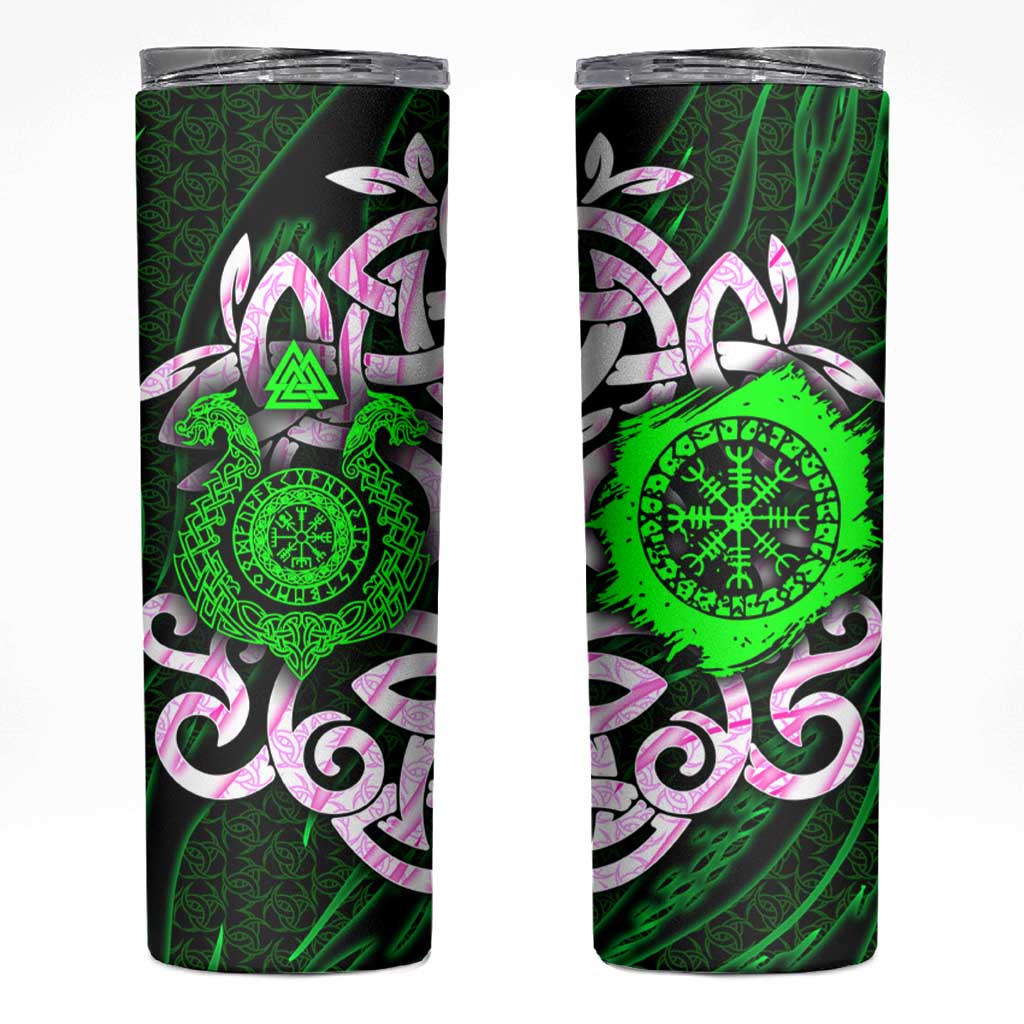 Vegvisir Skinny Tumbler with Green Dragons and Norse Knots Viking Protection Tribute - Wonder Print Shop
