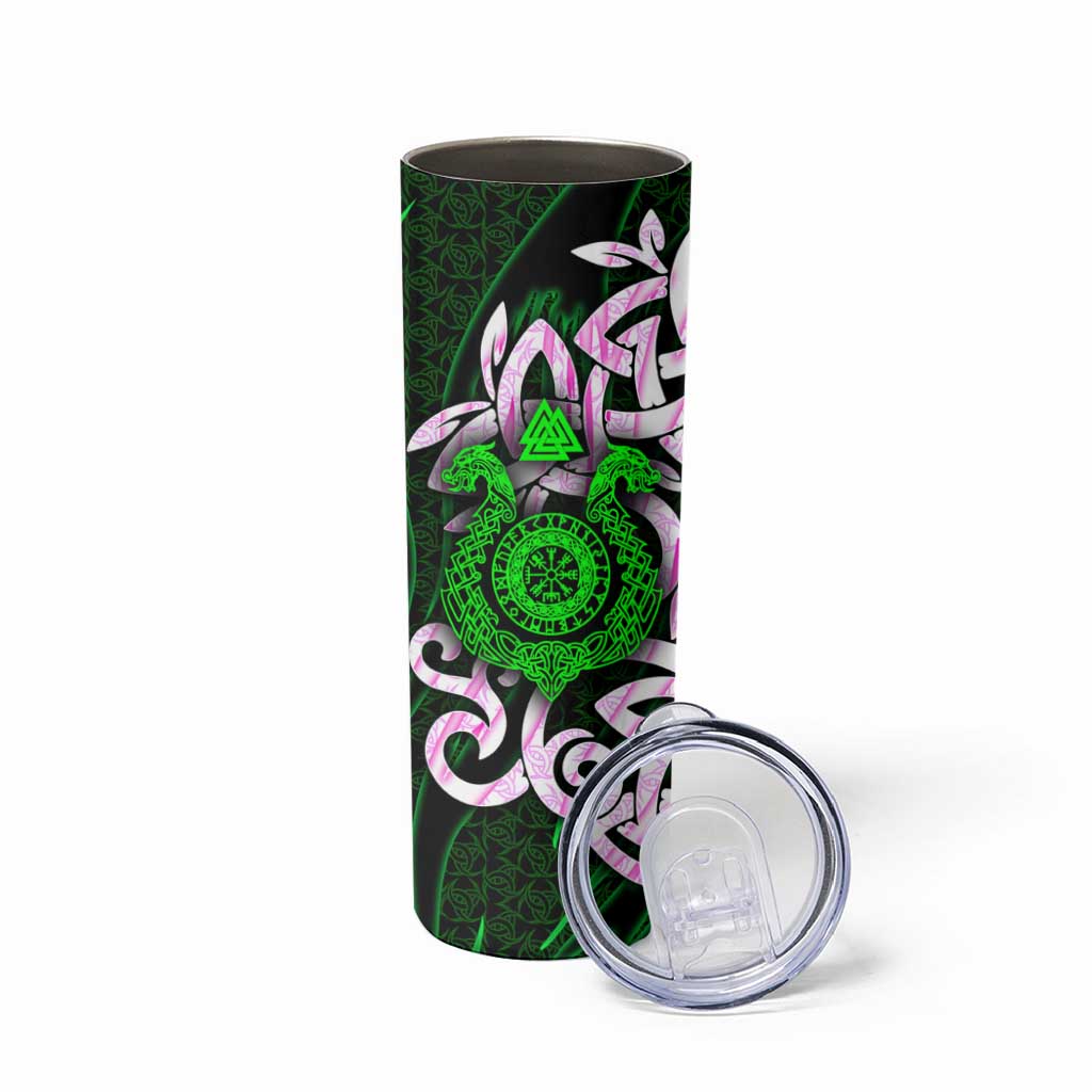 Vegvisir Skinny Tumbler with Green Dragons and Norse Knots Viking Protection Tribute - Wonder Print Shop
