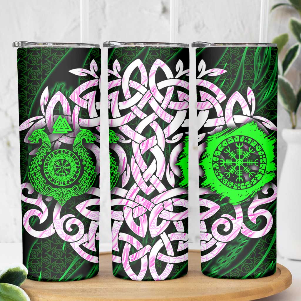 Vegvisir Skinny Tumbler with Green Dragons and Norse Knots Viking Protection Tribute - Wonder Print Shop