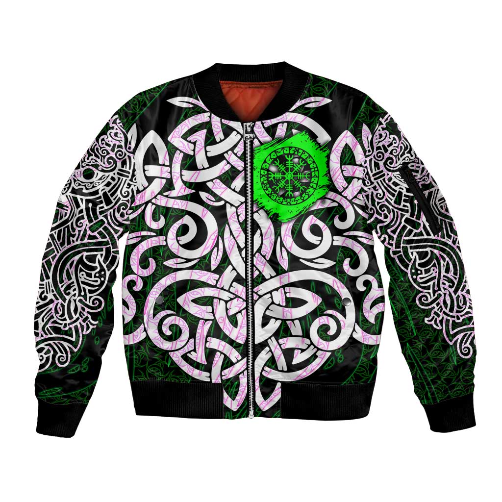 Vegvisir Sleeve Zip Bomber Jacket with Green Dragons and Norse Knots Viking Protection Tribute - Wonder Print Shop