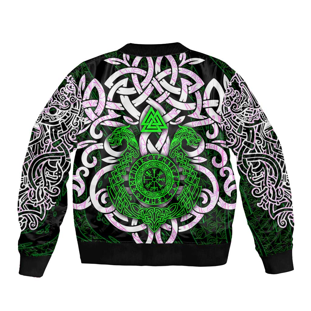 Vegvisir Sleeve Zip Bomber Jacket with Green Dragons and Norse Knots Viking Protection Tribute - Wonder Print Shop