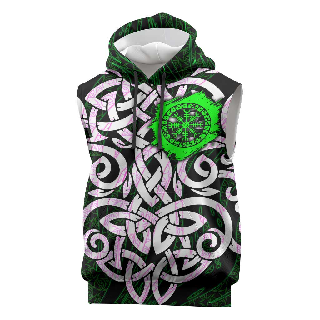 Vegvisir Sleeveless Hoodie with Green Dragons and Norse Knots Viking Protection Tribute - Wonder Print Shop