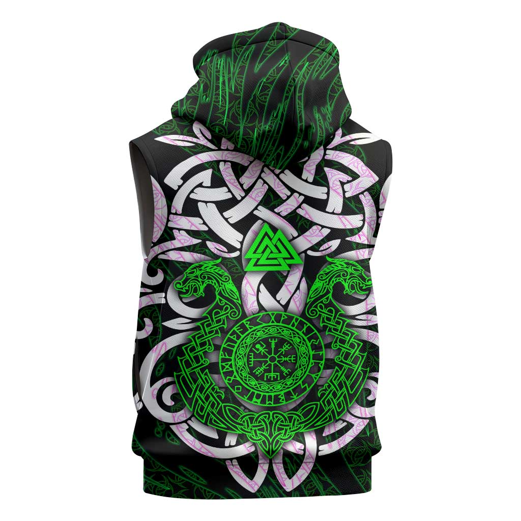 Vegvisir Sleeveless Hoodie with Green Dragons and Norse Knots Viking Protection Tribute - Wonder Print Shop