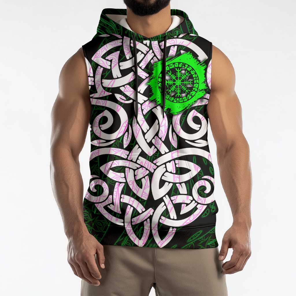 Vegvisir Sleeveless Hoodie with Green Dragons and Norse Knots Viking Protection Tribute - Wonder Print Shop