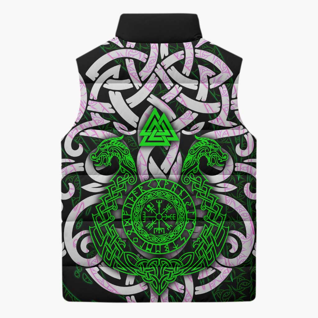 Vegvisir Sleeveless Puffer Jacket with Green Dragons and Norse Knots Viking Protection Tribute - Wonder Print Shop