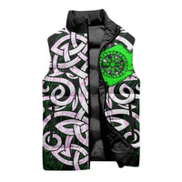 Vegvisir Sleeveless Puffer Jacket with Green Dragons and Norse Knots Viking Protection Tribute - Wonder Print Shop