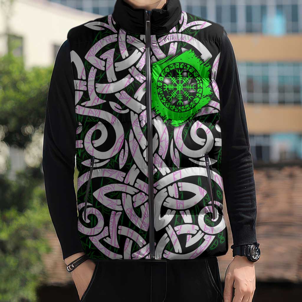 Vegvisir Sleeveless Puffer Jacket with Green Dragons and Norse Knots Viking Protection Tribute - Wonder Print Shop