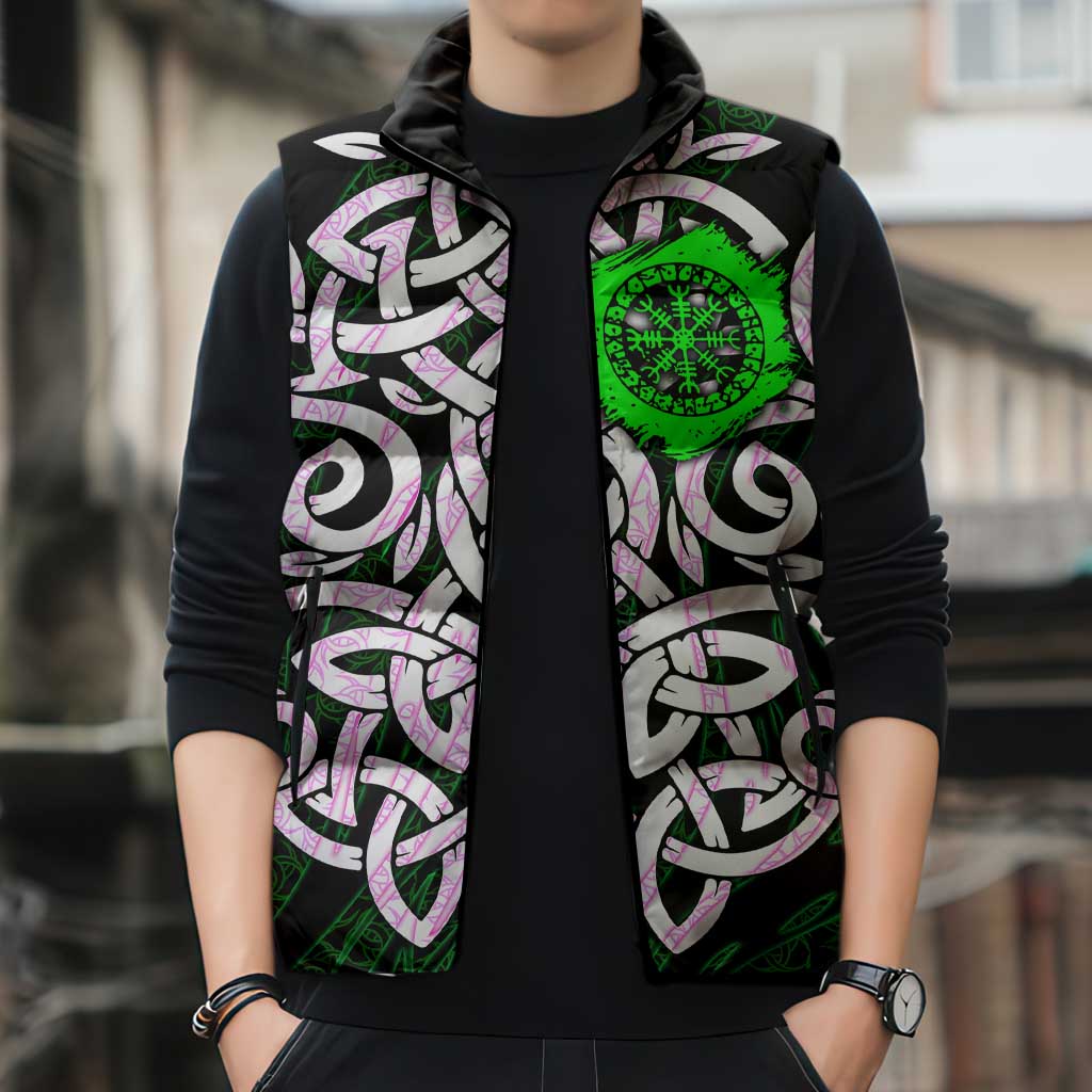 Vegvisir Sleeveless Puffer Jacket with Green Dragons and Norse Knots Viking Protection Tribute - Wonder Print Shop