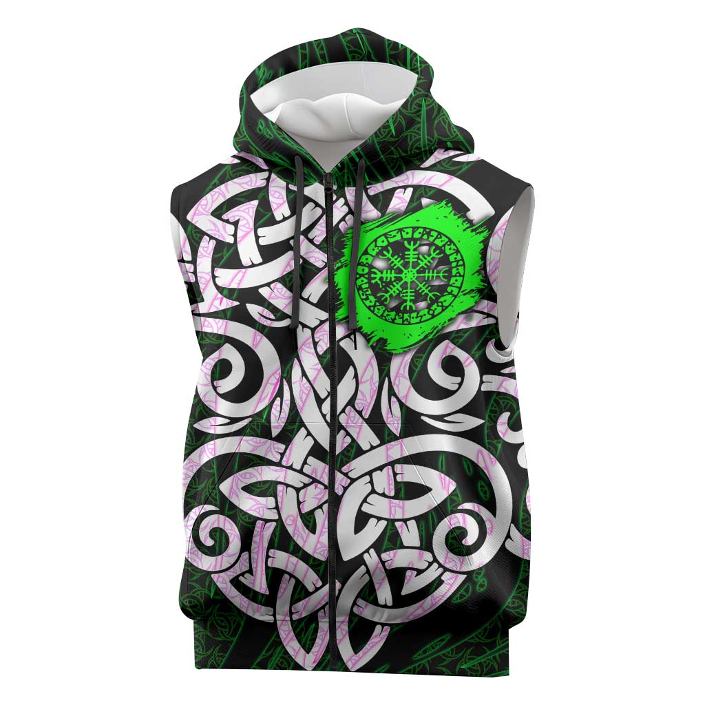Vegvisir Sleeveless Zip Hoodie with Green Dragons and Norse Knots Viking Protection Tribute - Wonder Print Shop