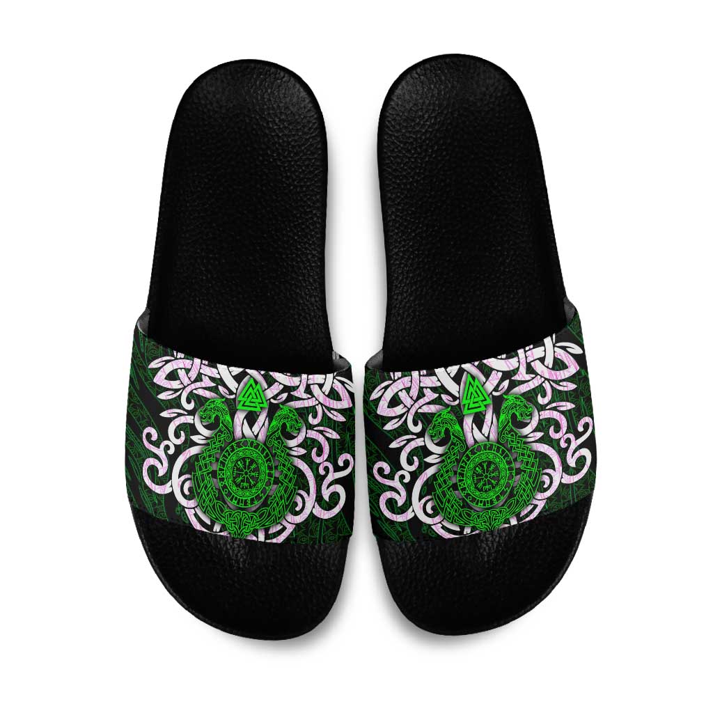 Vegvisir Slide Sandals with Green Dragons and Norse Knots Viking Protection Tribute - Wonder Print Shop