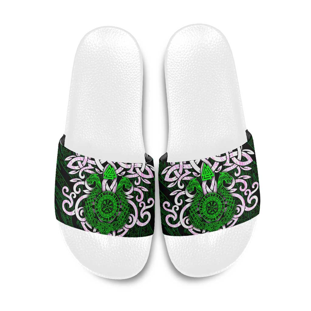 Vegvisir Slide Sandals with Green Dragons and Norse Knots Viking Protection Tribute - Wonder Print Shop