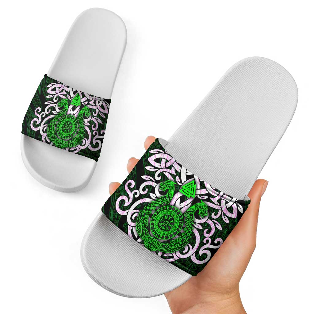 Vegvisir Slide Sandals with Green Dragons and Norse Knots Viking Protection Tribute - Wonder Print Shop
