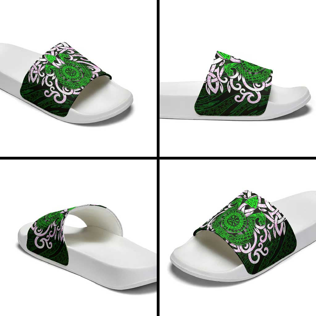 Vegvisir Slide Sandals with Green Dragons and Norse Knots Viking Protection Tribute - Wonder Print Shop