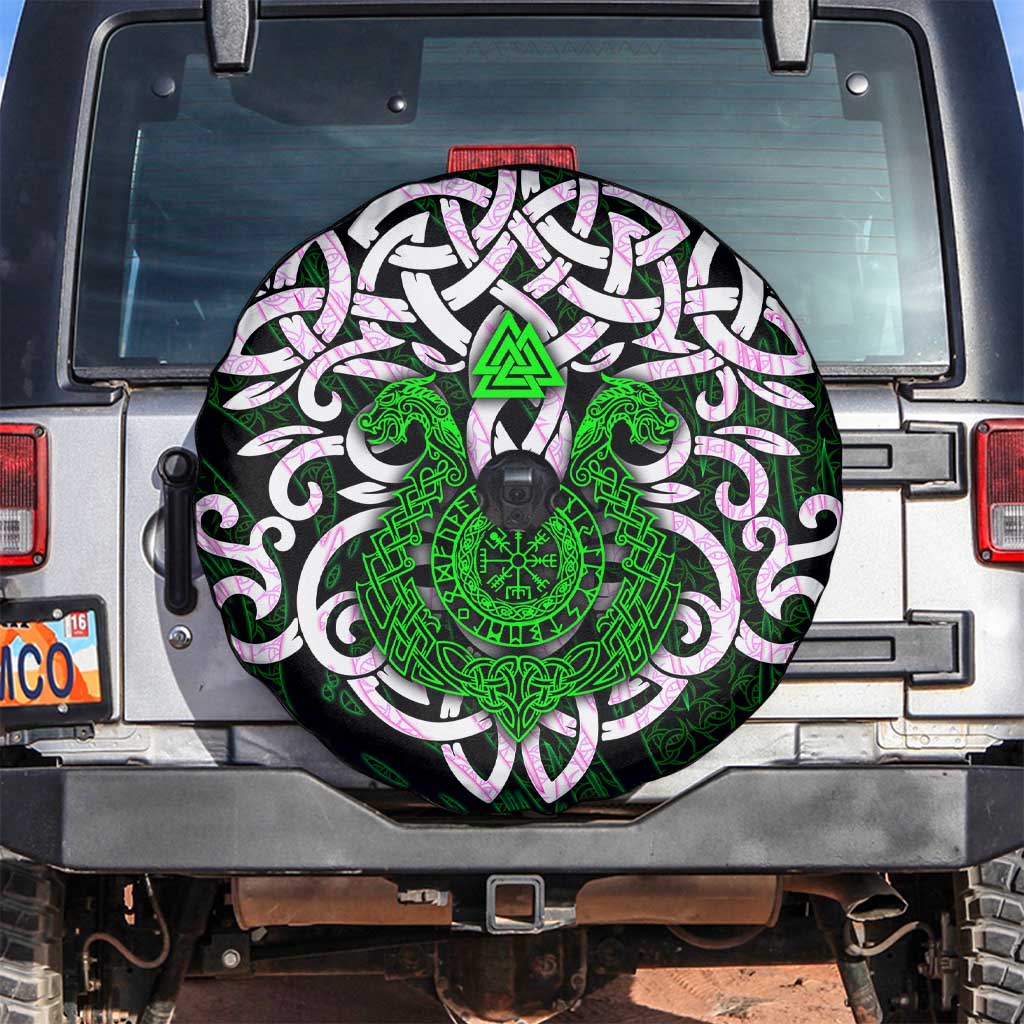 Vegvisir Spare Tire Cover with Green Dragons and Norse Knots Viking Protection Tribute - Wonder Print Shop