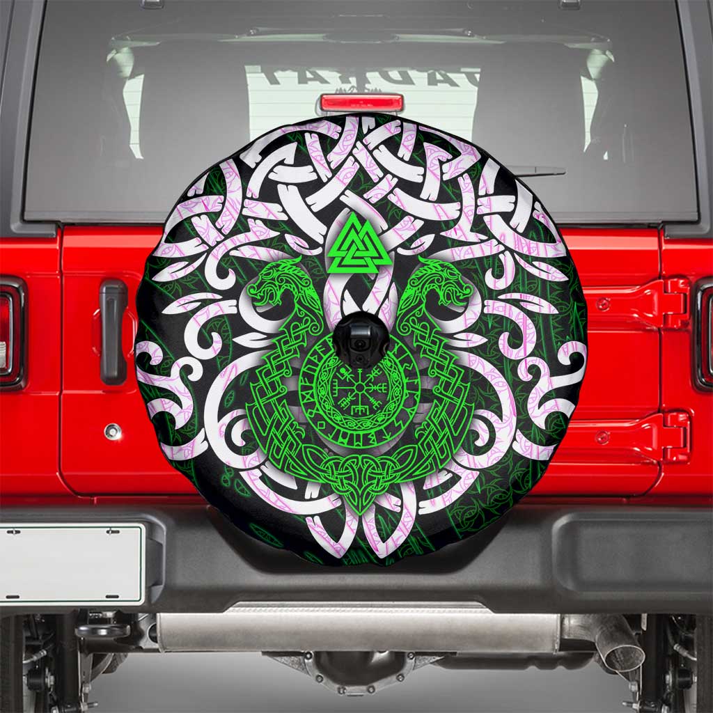 Vegvisir Spare Tire Cover with Green Dragons and Norse Knots Viking Protection Tribute - Wonder Print Shop