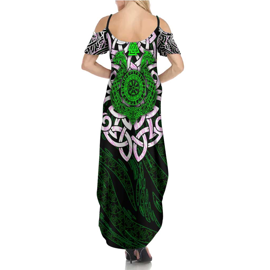 Vegvisir Summer Maxi Dress with Green Dragons and Norse Knots Viking Protection Tribute - Wonder Print Shop