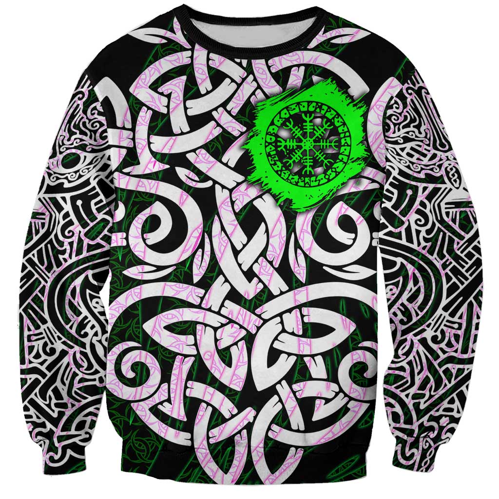 Vegvisir Sweatshirt with Green Dragons and Norse Knots Viking Protection Tribute - Wonder Print Shop