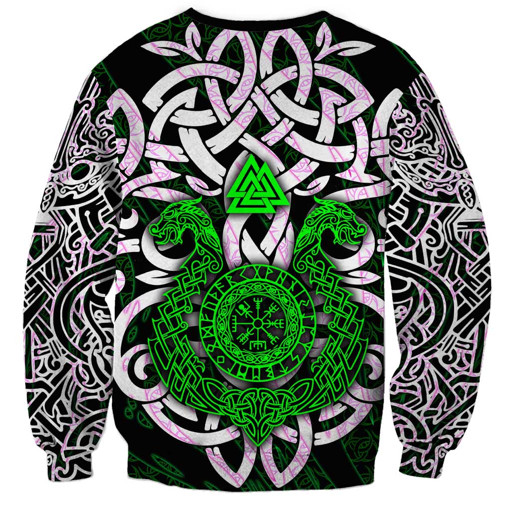 Vegvisir Sweatshirt with Green Dragons and Norse Knots Viking Protection Tribute - Wonder Print Shop
