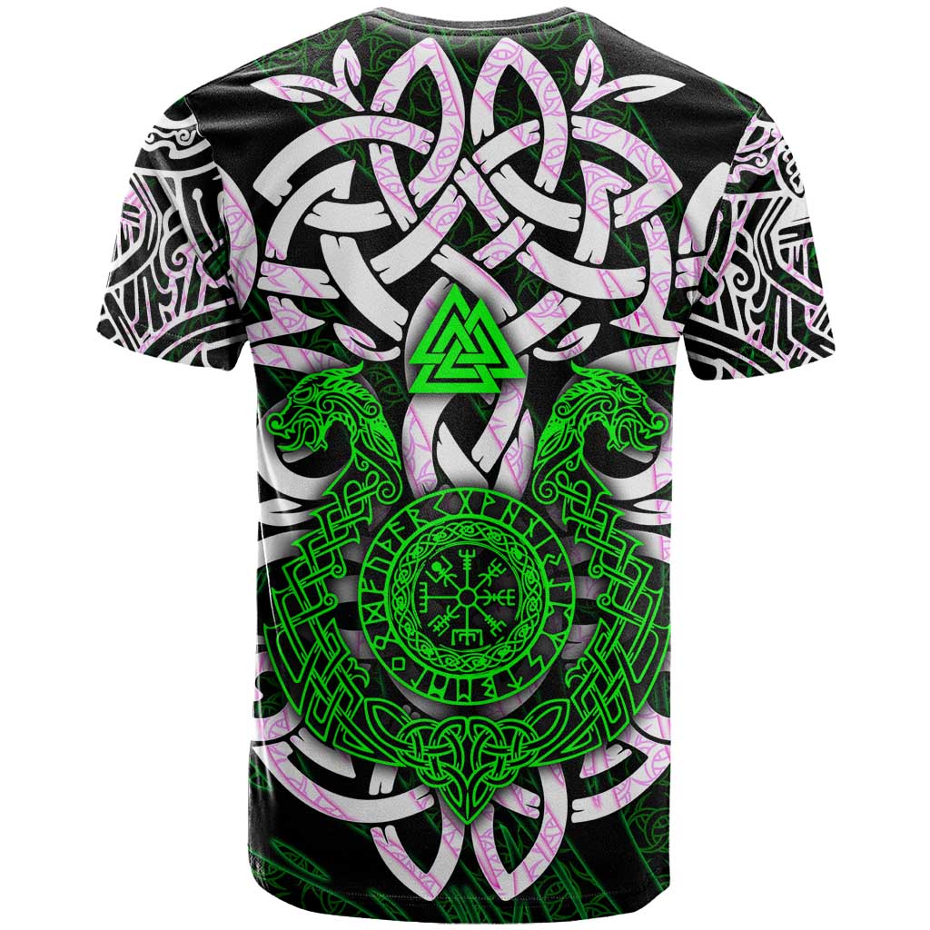 Vegvisir T Shirt with Green Dragons and Norse Knots Viking Protection Tribute - Wonder Print Shop