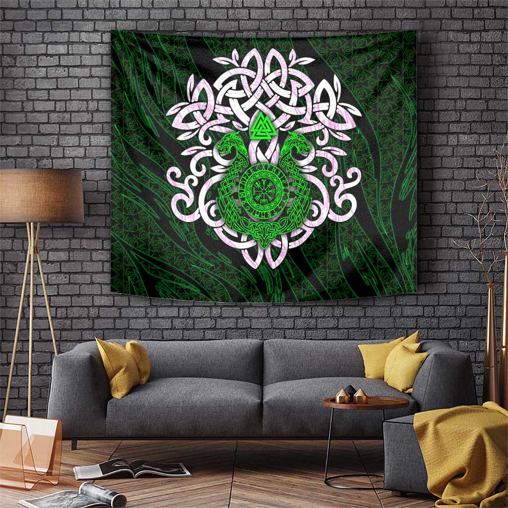Vegvisir Tapestry with Green Dragons and Norse Knots Viking Protection Tribute - Wonder Print Shop