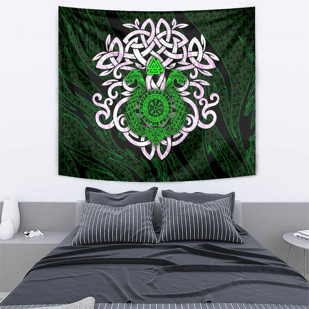 Vegvisir Tapestry with Green Dragons and Norse Knots Viking Protection Tribute - Wonder Print Shop