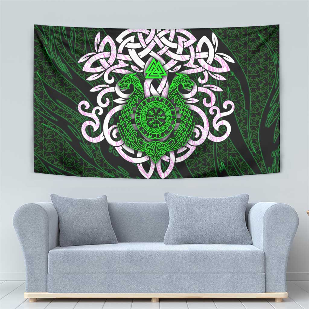 Vegvisir Tapestry with Green Dragons and Norse Knots Viking Protection Tribute - Wonder Print Shop