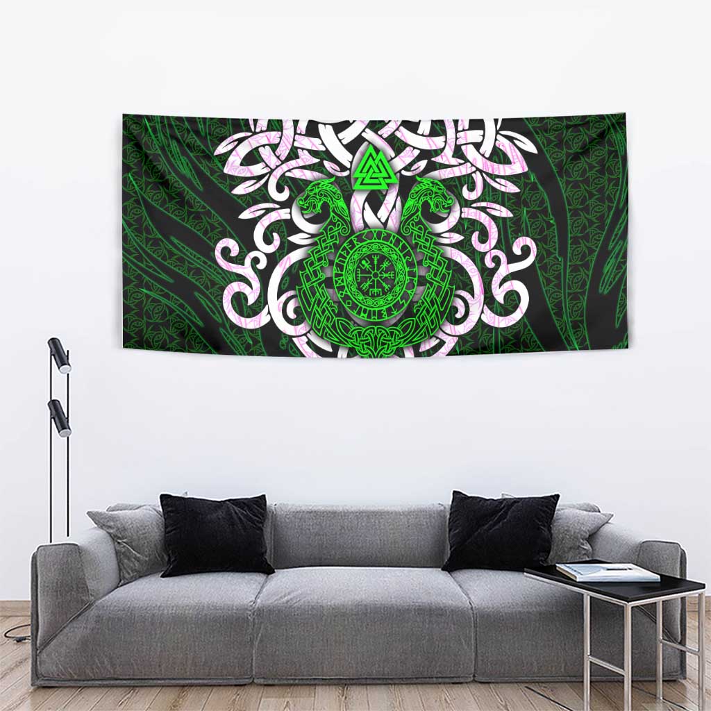 Vegvisir Tapestry with Green Dragons and Norse Knots Viking Protection Tribute - Wonder Print Shop