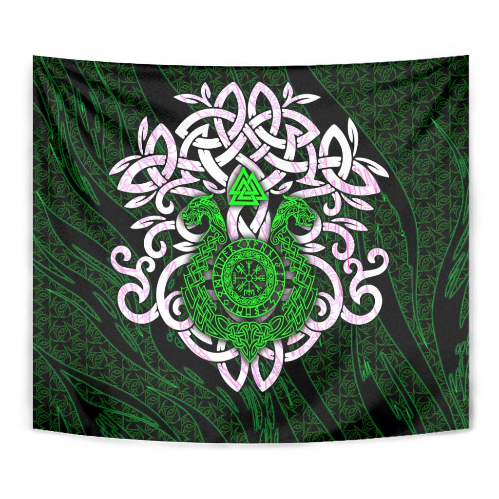 Vegvisir Tapestry with Green Dragons and Norse Knots Viking Protection Tribute - Wonder Print Shop