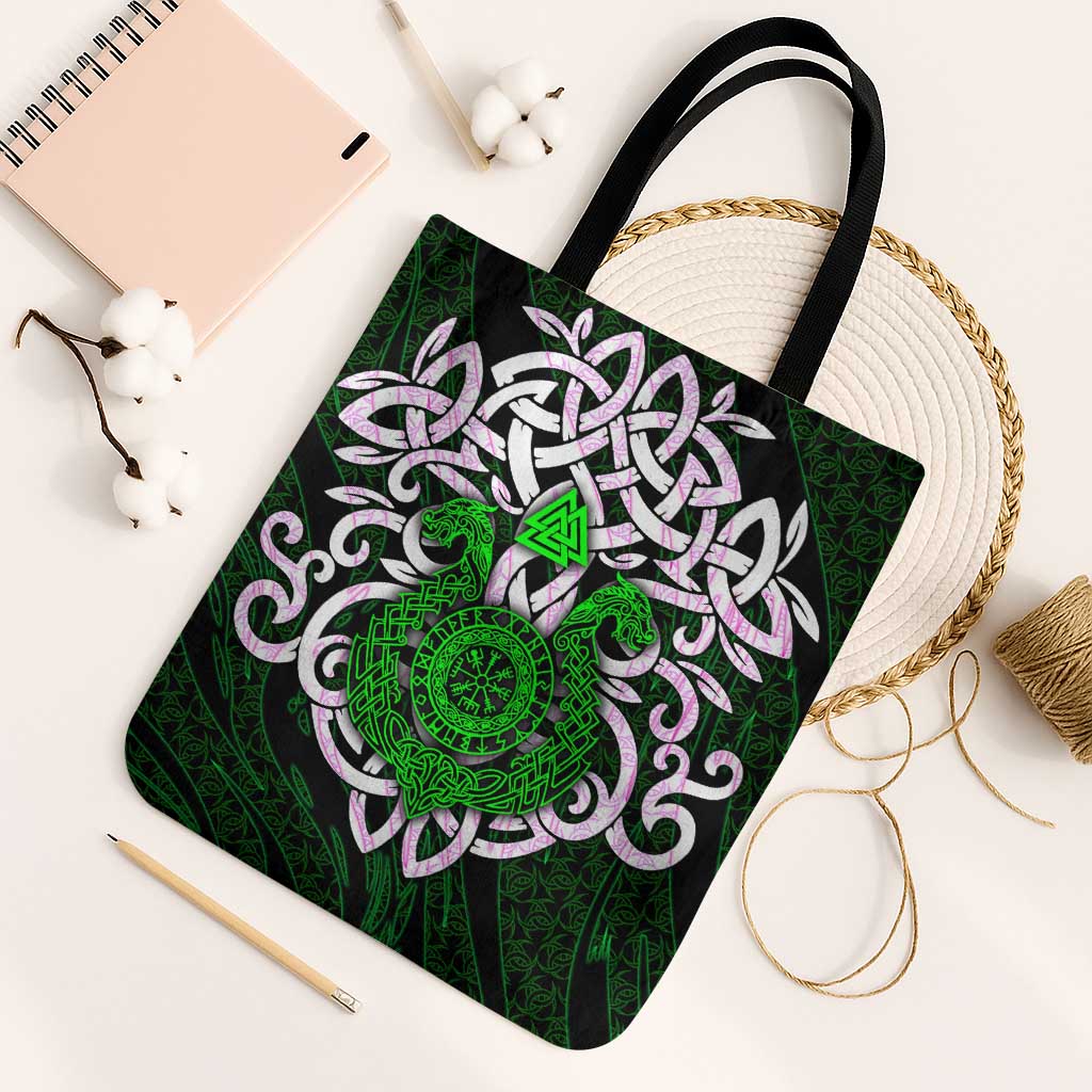Vegvisir Tote Bag with Green Dragons and Norse Knots Viking Protection Tribute - Wonder Print Shop