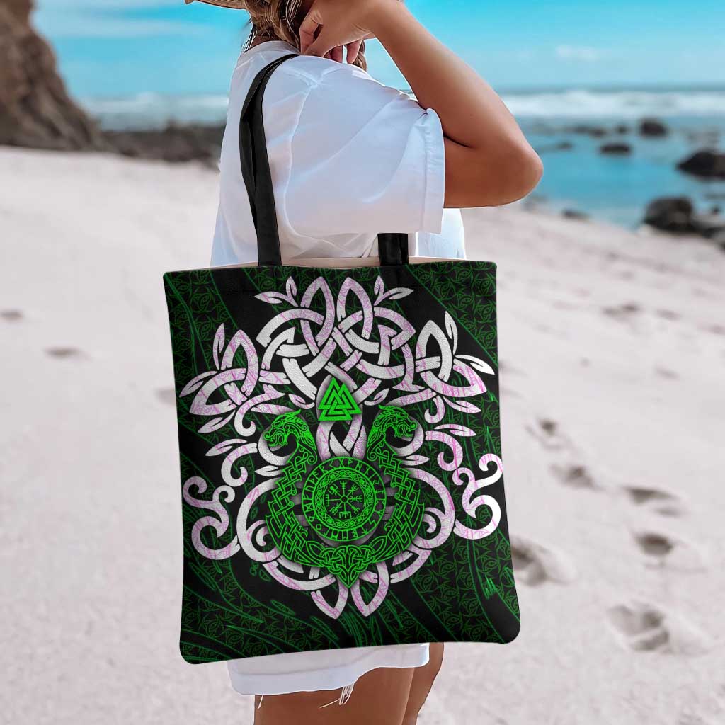 Vegvisir Tote Bag with Green Dragons and Norse Knots Viking Protection Tribute - Wonder Print Shop