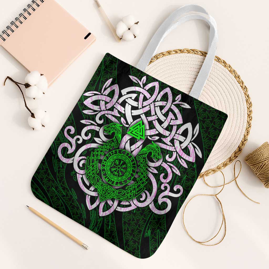 Vegvisir Tote Bag with Green Dragons and Norse Knots Viking Protection Tribute - Wonder Print Shop