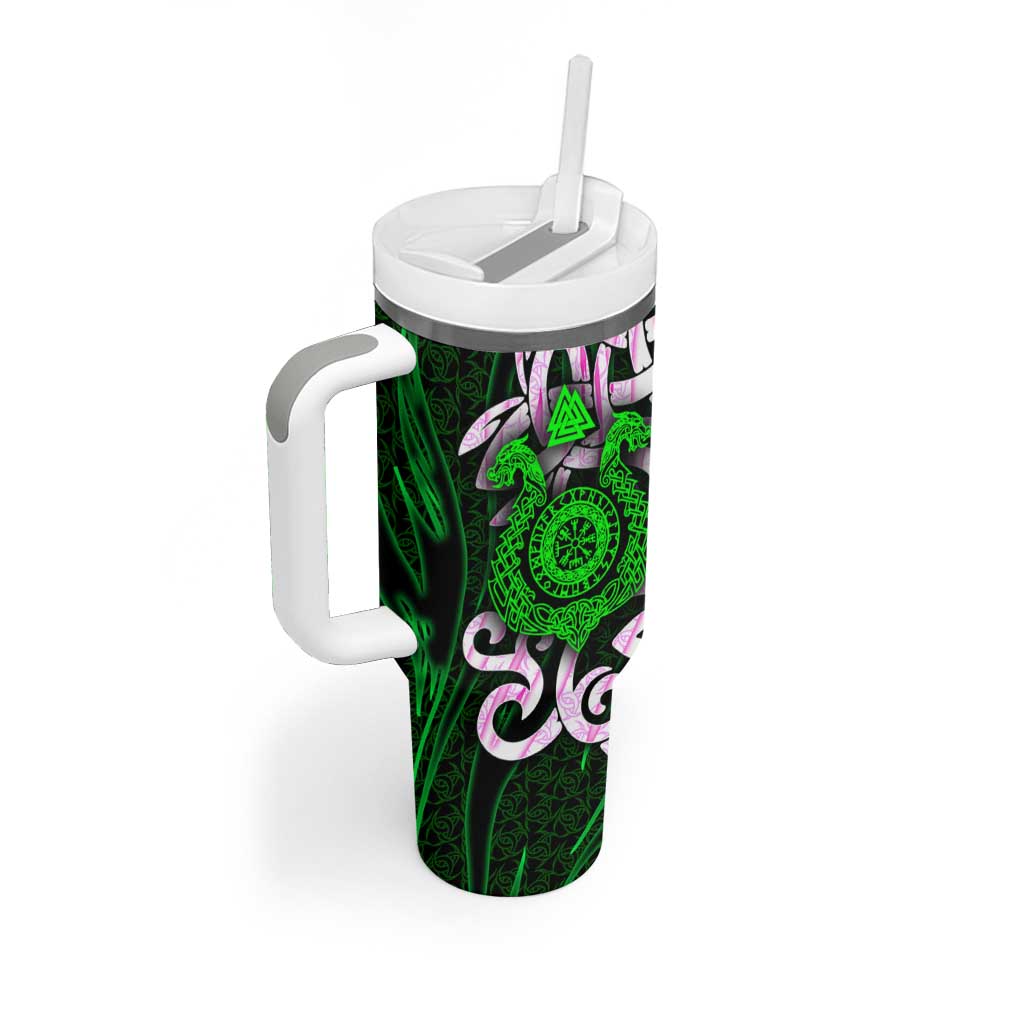 Vegvisir Tumbler With Handle with Green Dragons and Norse Knots Viking Protection Tribute - Wonder Print Shop