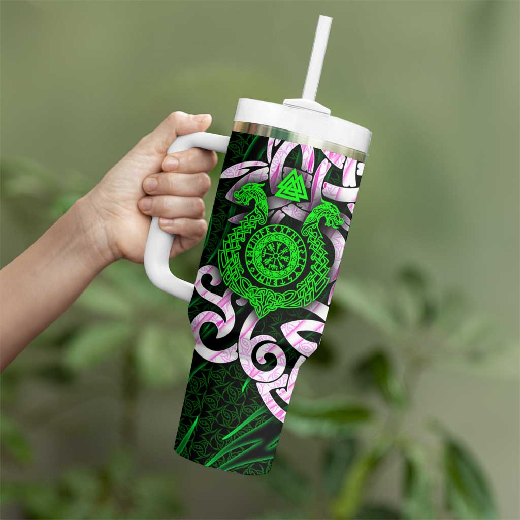Vegvisir Tumbler With Handle with Green Dragons and Norse Knots Viking Protection Tribute - Wonder Print Shop