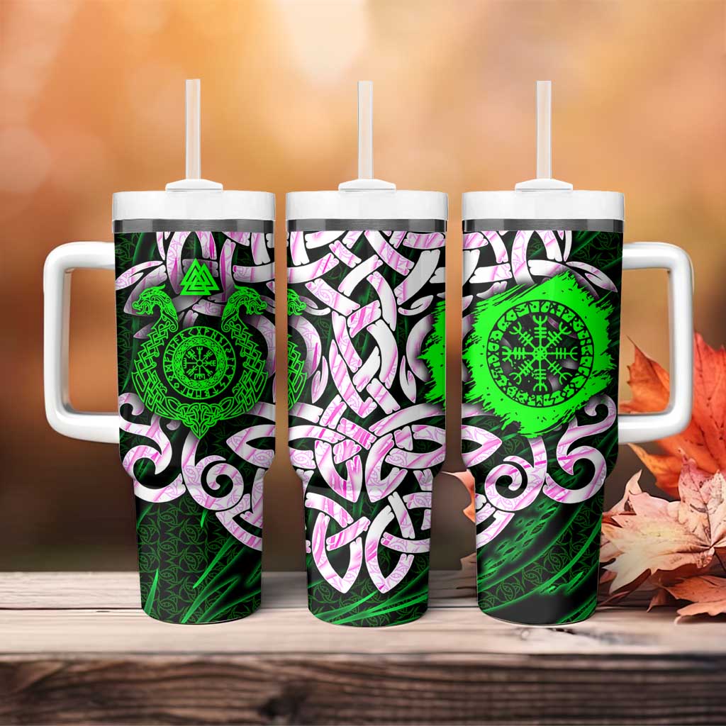 Vegvisir Tumbler With Handle with Green Dragons and Norse Knots Viking Protection Tribute - Wonder Print Shop