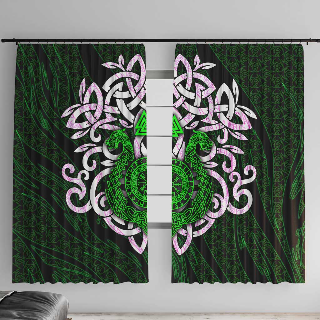 Vegvisir Window Curtain with Green Dragons and Norse Knots Viking Protection Tribute - Wonder Print Shop