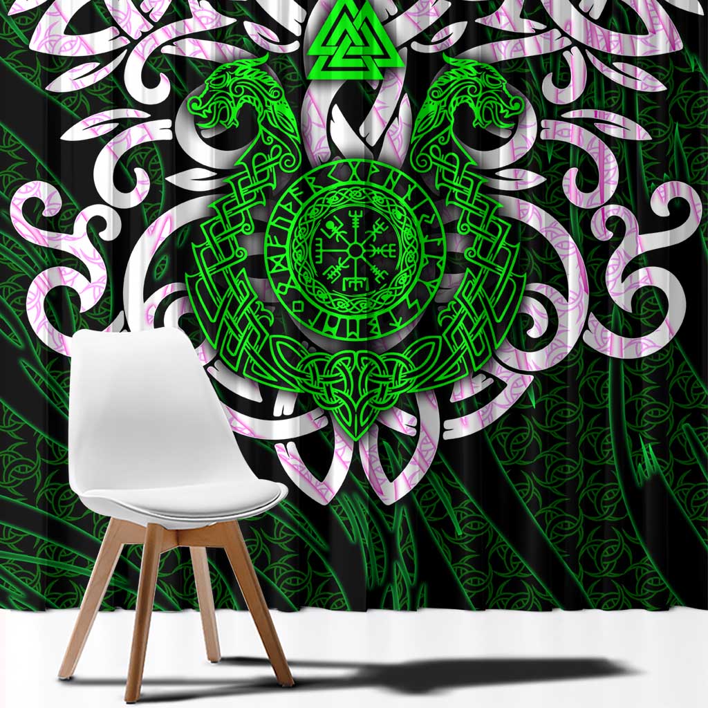 Vegvisir Window Curtain with Green Dragons and Norse Knots Viking Protection Tribute - Wonder Print Shop