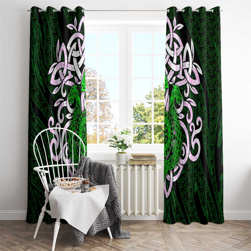 Vegvisir Window Curtain with Green Dragons and Norse Knots Viking Protection Tribute - Wonder Print Shop