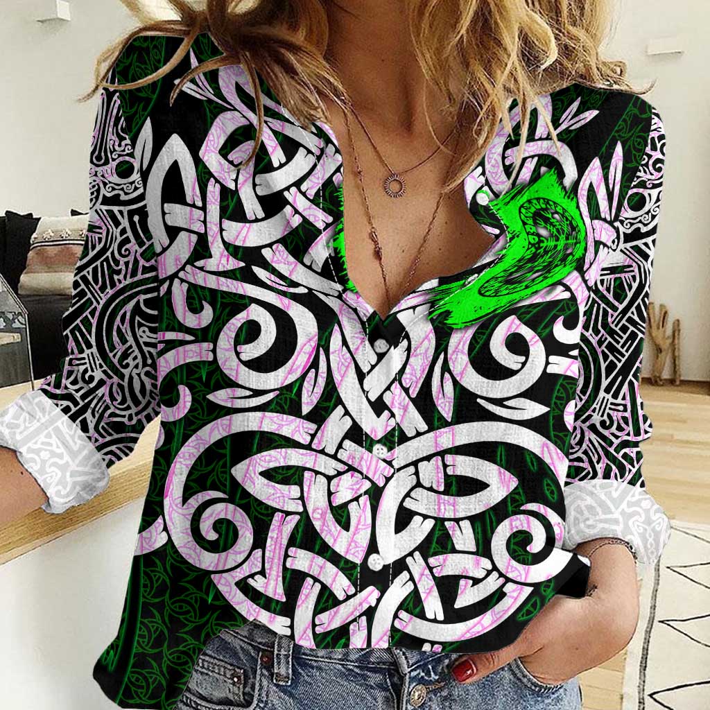 Vegvisir Women Casual Shirt with Green Dragons and Norse Knots Viking Protection Tribute - Wonder Print Shop
